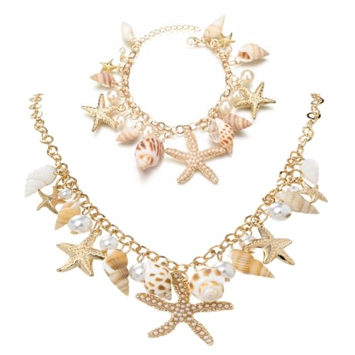 Spiritrain Handmade Starfish Seashell Pearl Bracelets for Women Gold Plated Bohemian Charm Sea Shell Couch Beads Adjustable Chain Anklet Bracelets Hawaiian Beach Holiday Mermaid Costume Jewelry Gifts - color: Gold jewelry set
