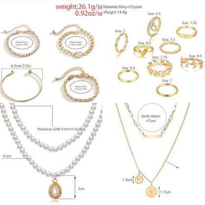 73 Pcs Gold Jewelry Set with 6Pcs Layered Necklace, 11 Pcs anklet and 7Pcs Earring Ear Cuff,12Hoop Earrings ,15pcs Rings,21pcs stud earrings Jewerly set for Women Pack for Friendship Party Gift - style: AAA-GD+SL