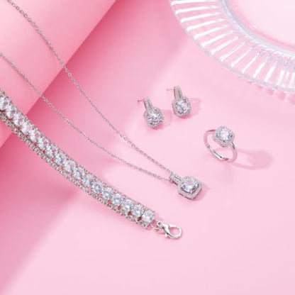 Paxuan 4pcs Cubic Zirconia Wedding Jewelry Sets for Bride Bridesmaid Cubic Zirconia Pendant Necklace Earrings Link Tennis Bracelet Open Ring Set for Women - color: Platinum Plated White Cubic Zirconia
