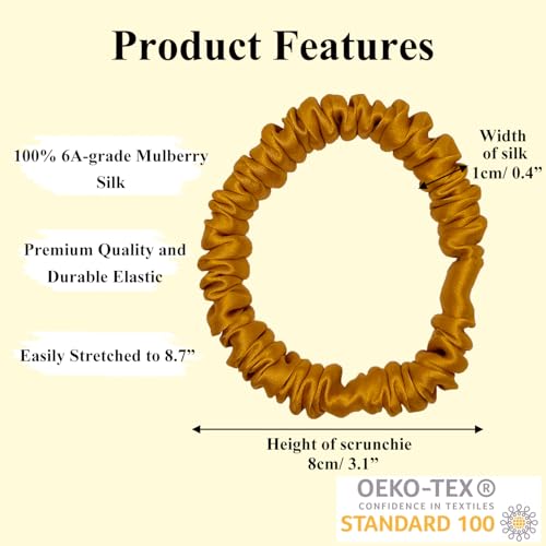 VLOMOT 3 Pcs Set 100% Pure Mulberry Silk Hair Scrunchies (Yellow) | Silk Hair Ties for Thin Hair with 3 Chic Colors Everyday Skinny Scrunchies Silk Ponytail Holders Hair Care No Damage - color: Yellow