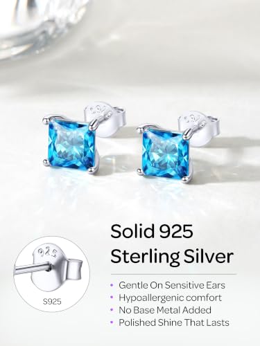 ChicSilver 925 Sterling Silver Earrings Sparkling Heart/Round/Princess Cut Birthstone Earrings for Women Birthday Jewelry with Gift Box - style: A.December(Blue Topaz)-Princess Cut