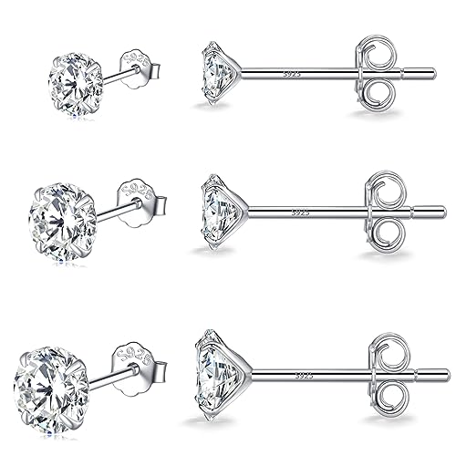 MASOP VOGU 3-5mm Sterling Silver Stud Earrings Set 14K White Gold Plated Hypoallergenic Tiny Round Cut CZ Cubic Zirconia Simulated Diamond Cartilage Studs for Women Men - color: A# 3Pairs(3/4/5mm)