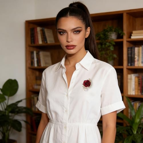 Handmade Elegant Red Rose Flower Brooch Pin for Women Crystal Pearl Fabric Flower Lapel Pin Dress Suit Accessories - color: Red A