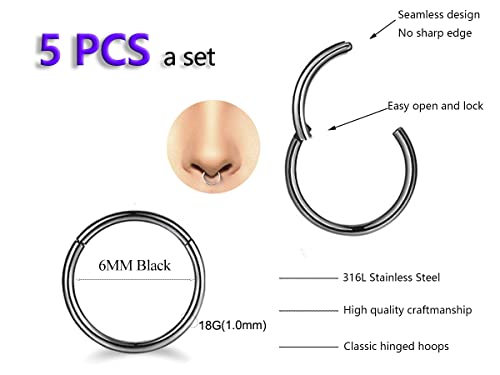 5Pcs 16G 18G Surgical Steel Nose Rings Hoop Tragus Septum Cartilage Hoop Earrings For Women Men Body Piercing Jewelry Kit Bar Length 6mm/8mm/10mm/12mm/14mm - style: 5Pcs -18G - Black - 6mm