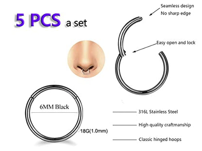 5Pcs 16G 18G Surgical Steel Nose Rings Hoop Tragus Septum Cartilage Hoop Earrings For Women Men Body Piercing Jewelry Kit Bar Length 6mm/8mm/10mm/12mm/14mm - style: 5Pcs -18G - Black - 6mm