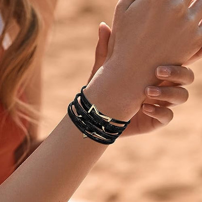 Fesciory Leather Wrap Bracelet for Women, Boho Western Layered Cuff Jewelry | Stackable Bracelets, Easy-On Clasp, Daily Wear, Pairs with Boho Western Outfits, Gift for Women - color: Black