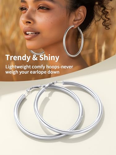 FindChic Hoop Earrings for Women, Silver/Black/14K Gold Plated Hypoallergenic Hollow Round Tube Loop Earrings, 20mm/30mm/40mm/60mm/80mm Chunky Hoops with Custom Name Options & Gift Box - color: b.Silver, size: 80MM