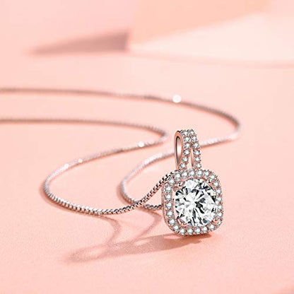 SBLING Platinum Plated Cubic Zirconia/Austrian Crystal Cushion Shape Halo Pendant Necklace/Earrings - color: Moveable pendant-Cubic Zirconia
