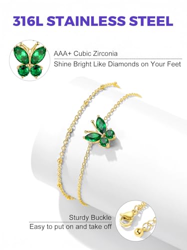 Richsteel Double Layer Heart/Butterfly Birthstone Anklet for Women | Non Tarnish Waterproof, Silver/Gold/Black Stainless Steel 8.5-10.5 Inch Adjustable Chain Anklets Summer Beach Foot Jewelry - color: Gold Butterfly-05 May(Emerald)
