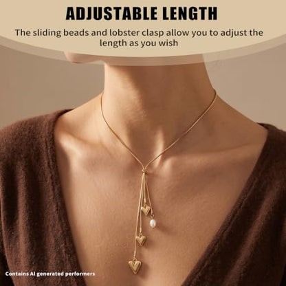 1Piece Gold-Tone Lariat Minimalist Dainty Heart Pearl Pendant Long Necklace | lariat necklace for women|y shaped necklace|lariat necklace gold|gold heart lariat necklace