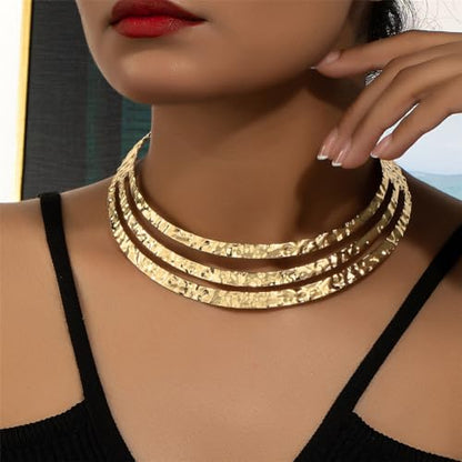 Chunky Gold Necklace Big Statement Chunky Necklace for Women African Tribe Wide Metal Choker Necklaces Jewelry - color: 04 Gold A