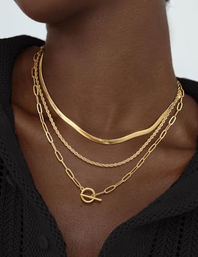 Layered Toggle Necklace for Women, 3-Chain Stack | Gold/Silver-plated necklace set with paperclip, rope, and herringbone chains plus a toggle clasp for daily wear and parties - color: Gold