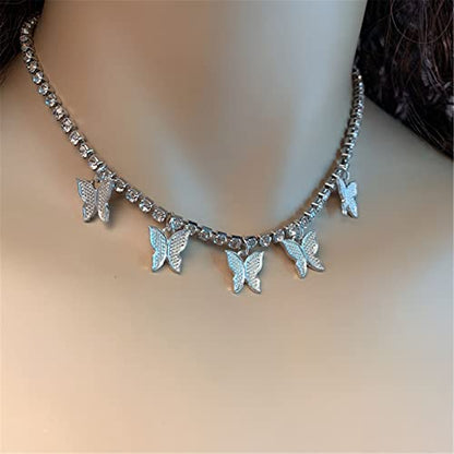 2Pcs Layered Hip Hop Shiny Rhinestone Bead Chunky Chain Butterfly Pendant Necklace Punk Crystal Cuban Link Chain Choker Collar Necklace for Women Party Birthday BarJewelry Gift - color: D silver choker