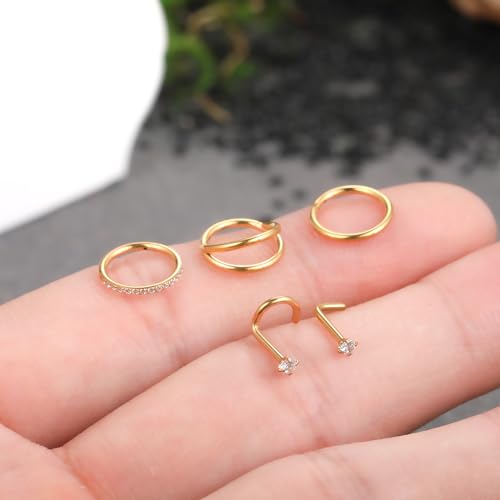Xpircn 5pcs Hoop Nose Rings and L Shaped Nose Rings Stud Set 18G/20G Stainless Steel CZ Helix Conch Daith Tragus Cartilage Hoop Earrings for Women 6mm 7mm 8mm 10mm - color: Gold, size: 18G, 8mm hoop & 7mm studs
