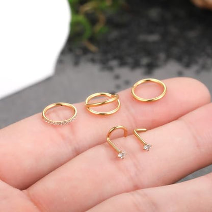 Xpircn 5pcs Hoop Nose Rings and L Shaped Nose Rings Stud Set 18G/20G Stainless Steel CZ Helix Conch Daith Tragus Cartilage Hoop Earrings for Women 6mm 7mm 8mm 10mm - color: Gold, size: 18G, 8mm hoop & 7mm studs