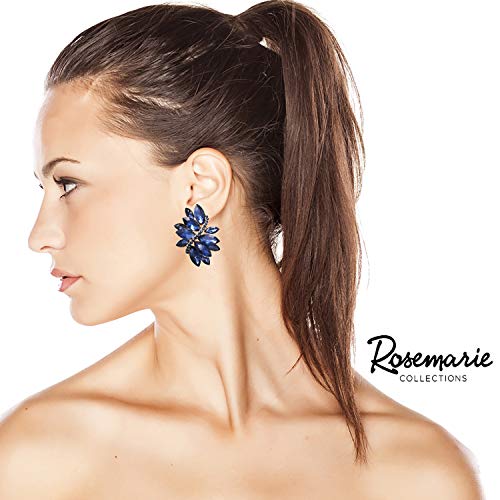 Rosemarie Collections Women's Dazzling Crystal Marquis Leaf Cluster Statement Clip On Earrings, 1.87" - style: Montana Blue Crystal Gold Tone