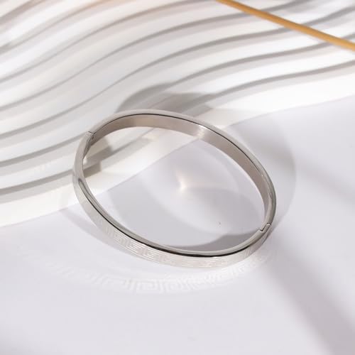 4/6/8MM Greek Key Meander Bracelet Oval Stainless Steel Bangle Cuff Gifts for Women Men - color: Silver, size: 6mm