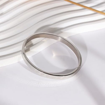 4/6/8MM Greek Key Meander Bracelet Oval Stainless Steel Bangle Cuff Gifts for Women Men - color: Silver, size: 6mm