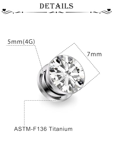 Astm F136 Titanium CZ Ear Gauges Screw Fit Flesh Tunnels Plugs Gauges Earring Expander Stretcher Ear Tunnels For Ears 10G 8G 6G 4G 2G 0G 00G Plug Earrings Body Piercing Jewelry For Women Men - color: 4G Gauges