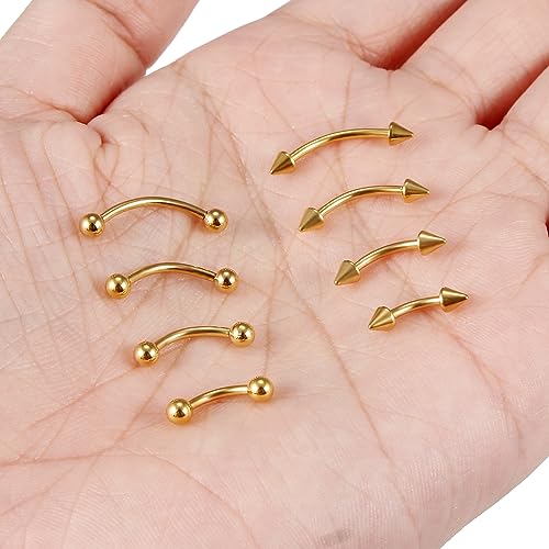 Eyebrow Piercing Jewelry Surgical Steel Curved Barbell Tiny Eyebrow Ring Vertical Labret Lip Jewelry Ear Rook Navel Small Belly Button Ring for Women Men 20g 16g 6mm/8mm/10mm/12mm - color: 16g,goldtone