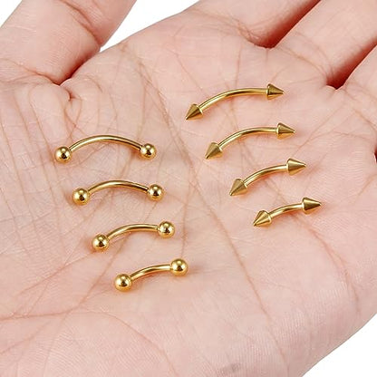 Eyebrow Piercing Jewelry Surgical Steel Curved Barbell Tiny Eyebrow Ring Vertical Labret Lip Jewelry Ear Rook Navel Small Belly Button Ring for Women Men 20g 16g 6mm/8mm/10mm/12mm - color: 16g,goldtone
