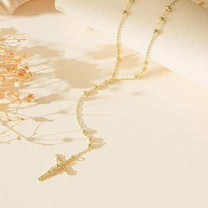 Lariat Gold Necklace for Women, 14K Gold Plated Dainty Drop Y Necklace, Waterproof Non Tarnish Long Layered Beaded Chain Lariat Necklace Prom Jewelry Summer Vacation Gift for Her - color: Gold-7