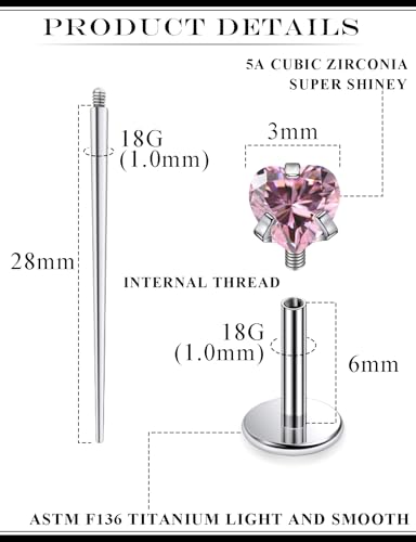 20G 18G 16G Astm F136 Titanium Internal Thread Flat Back Earrings Nose Studs Tragus Helix Conch Cartilage Lobe Earrings Medusa Labret Snake Bite Monroe Lip Ring Piercing Jewelry For Women Men - color: Pink, size: 18G-6MM Bar-CZ 3MM