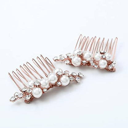 Asooll Gold Wedding Pearl Hair Comb Bride Crystal Headpiece Bridal Rhinestone Hair Clip Hair Accessories for Women(Set of 2) (C-Rose Gold) - color: C-Rose Gold