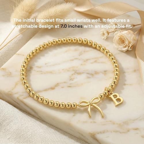 Letter A-Z Bracelets for Women Teen - Inital Beaded Bracelet with Bowknot Charm, Dainty Stretch Stackable Bracelet, Trendy Jewelry Gifts for Birthday Easter Basket Stuffers - style: Gold: S