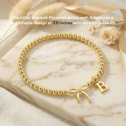 Letter A-Z Bracelets for Women Teen - Inital Beaded Bracelet with Bowknot Charm, Dainty Stretch Stackable Bracelet, Trendy Jewelry Gifts for Birthday Easter Basket Stuffers - style: Gold: A