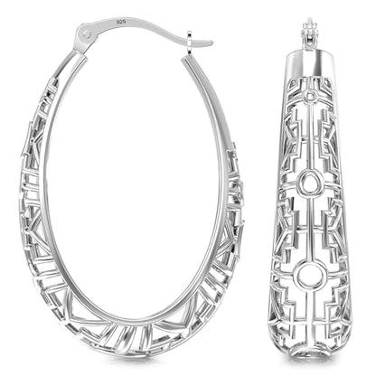 LeCalla 925 Sterling Silver Hoop Earrings | Women's Filigree Hoop Earrings | Openwork Mesh Filigree Cut Earring | Lightweight & Hypoallergenic Vintage Hoop Earrings for Women - style: Mesh Oval Filigree