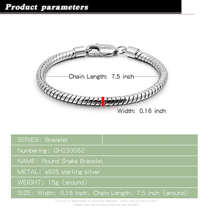 Dankadi Italy Smooth 3MM 4MM Round Snake Chain Bracelet Solid 925 Sterling Silver Men Women 6.3" 6.7" 7" 7.5" 8" 8.5" 9" 9.5" Bangle Charm Jewelry Gift - color: 4MM, size: 6.3 inches