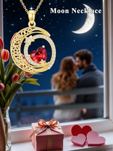 Midari 18K Yellow Gold Sun Moon Star Pendant Rose Flower Necklaces I Love You Forever Sun Moon Jewelry Gift for Mother Women - color: 01-Jan-Garnet, style: Moon&Star