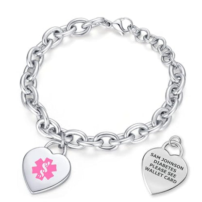 Custom Engraved Medical Alert ID Bracelet for Women | Heart Charm Medical ID Tag | Adjustable Curb Chain with Lobster Claw | Stainless Steel, Durable & Waterproof | Fits Wrists 8.5" (Silver) - style: Pink
