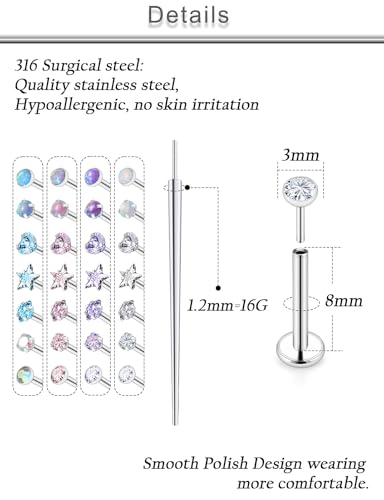 20G 18G 16G Threadless Lip Labret Nose Rings Studs Flat Back Earrings 316L Surgical Steel Snake Bites Lip Medusa Monroe Rings Push in Cartilage Tragus Helix Conch Earrings Studs 6mm 8mm 10mm - color: Silver-16G（1.2mm)-8mm Bars-3mm CZ
