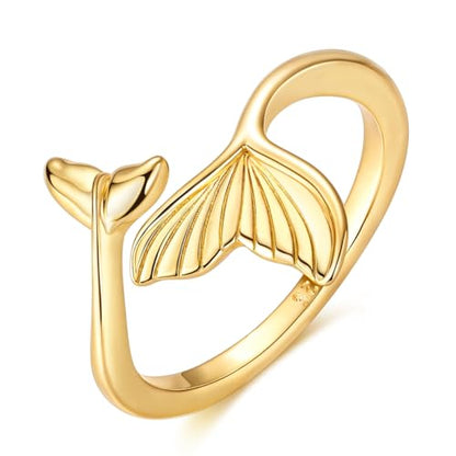 925 Sterling Silver Adjustable Rings for Women 14K Gold Plated Thumb Rings | Stackable Statement Eternity Rings Dainty Starfish Star Moon Heart Lucky Open Ring Trendy Jewelry Birthday Gifts for Ladies - color: Gold Fish Tail Ring