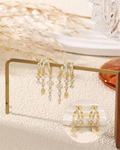 Dangle Gold Earrings for Women Trendy Triple Huggie Chain Earrings 14K Gold Plated Statement Cute Drop Dangle Earrings Dainty Hypoallergenic Chunky Hoop Earrings Fun Earring Stacks Jewelry - color: E-Clover Leaf Earrings
