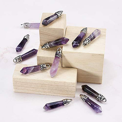12Pcs Amethyst Bullet Shape Gemstone Pendants Hexagonal Chakra Crystal Pointed Quartz Charms with Platinum Alloy Loop 33~40x8~9mm for Necklace Earring Bracelet Making - color: 1-Bullet-Purple Amethyst