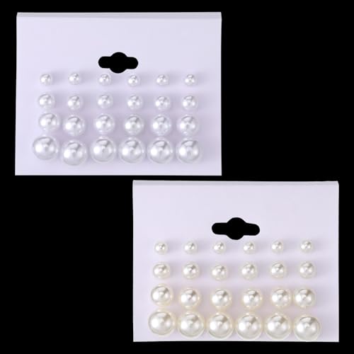 24 Pairs Pearl Earring Set, Faux Pearl Stud Earrings Round Ball Pearls Stud Earring Lightweight Pearls Earrings for Women Daily Wear Wedding Birthday, 4 Mixed Sizes (White + Beige)