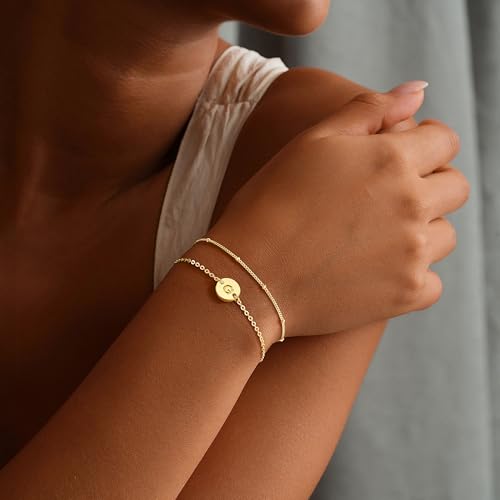 Gold Initial Bracelets for Women Girls Jewelry Gifts - Dainty 14K Gold Plated Layered Beaded Letter Bracelet 26 Alphabet Disc Monogram Initial Bracelets Birthday Gifts for Women Girls Teens - style: G