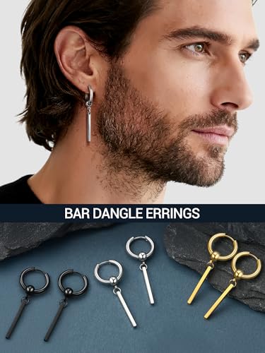 PROSTEEL Stainless Steel Huggie Hoop Earrings for Mens Gold/Black/Silver | Skull/Infinity Pattern, Spike/Cuban Links 4 Design Options Hypoallergenic Lightweight Earring Hip Hop Punk Gothic Jewelry - style: 08-Straight Dangle-Silver