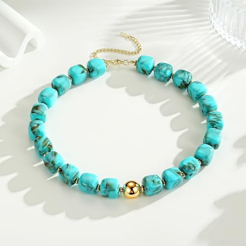 Ritach Chunky Beaded Necklaces for Women - Colorful Large Square Acrylic Beaded Necklace Boho Chunky Necklace Adjustable Statement Choker Necklace for Women Waterproof Summer Beach Jewelry Gifts - color: Turquoise