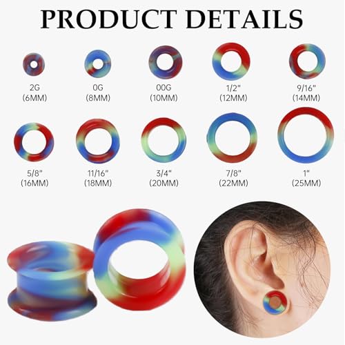 20Pcs Silicone Ear Gauges 2G-25mm Flexible Ear Tunnels Gauges Soft Expander Stretching Ear Plugs Tunnels Black Earring Piercings Jewelry for Men Women - color: Thick Blue and Green and Red Silicone