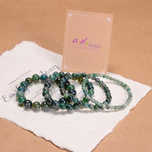 AD Beads Handmade Gemstone Stretch Elastic Bracelet Crystal Healing Reiki Nature's Beauty and Spiritual Essence Unisex (10mm, Moss Agate (Universal Connection)) - color: Moss Agate (Universal Connection), size: 10mm
