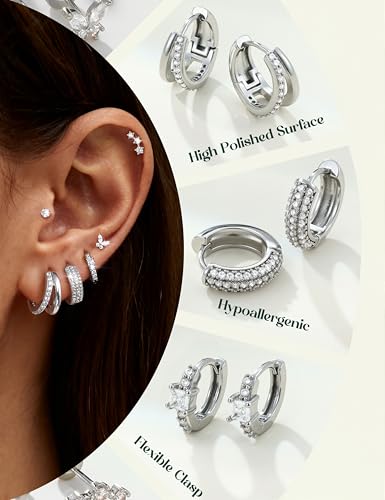 ADRAMATA Hypoallergenic Gold Earrings Stack for Women - 7Pairs Surgical Steel Small Chunky Huggie Hoops & Flat Back Stud Earrings Set Silver Cartilage Jewelry Trendy Christmas Gifts - style: Shiny - Silver
