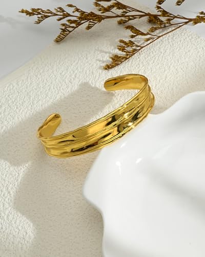 Irregular Hammered Wave Texture Cuff Bracelet for Women Open Bangle Hypoallergenic Jewelry Silver & Gold - color: Gold