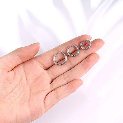 3 Pairs 316L Stainless Steel Small Black Silver Hoop Earrings 8mm 10mm 12mm Hypoallergenic Surgical Earring Cartilage Helix Lobes Hinged Sleeper Ear Jewelry For Men Women - color: silver