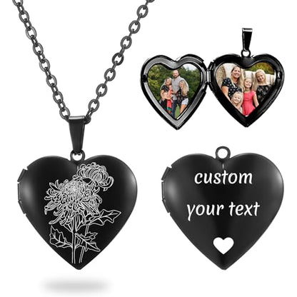 PHOCKSIN Personalized Locket Necklace for Women Photo Necklace with Customized Picture Birth Flower Birthstone Customizable Birthday Gifts - color: #20-Heart Black Birthflower