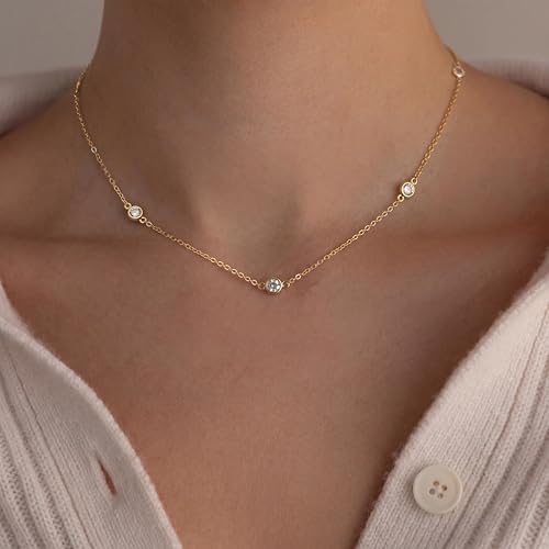 Tewiky Dainty 14k Gold Plated/Silver Cubic Zirconia Necklaces for Women, Simple CZ Jewelry Necklaces Trendy Gifts - color: Gold five choker CZ