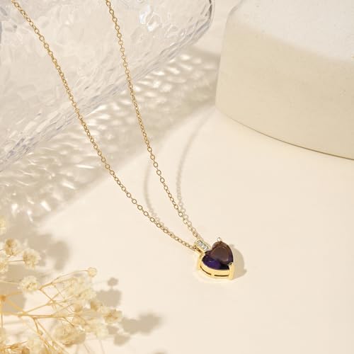 Heart Birthstone Necklace for Women, 14K Gold Plated Birthstone Pendant Necklace Cubic Zirconia Diamond Necklace Dainty Gold Necklace Birthday Gifts for Women Girls - color: 02. February(Amethyst)